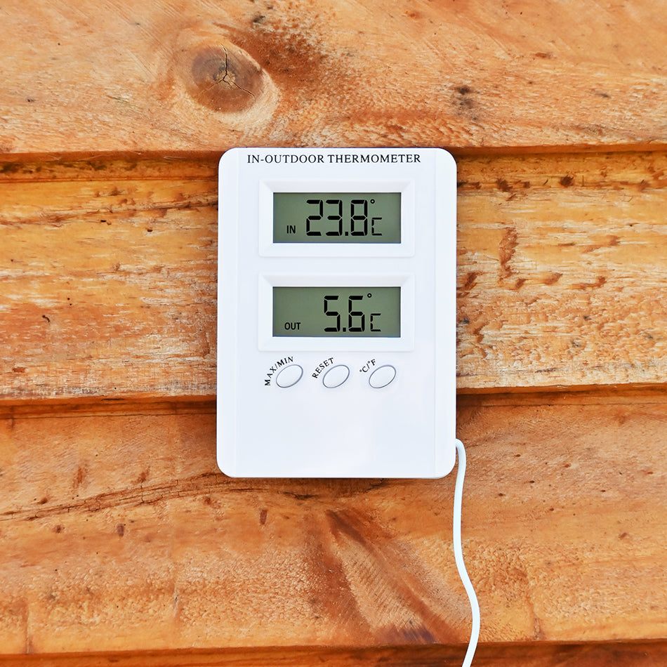 Digital Thermometer displaying indoor and outdoor temperatures